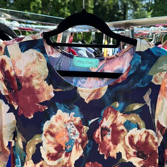 Blue Watercolor Floral 3/4 length sleeves Filly Flair dress - Picture 3 of 5